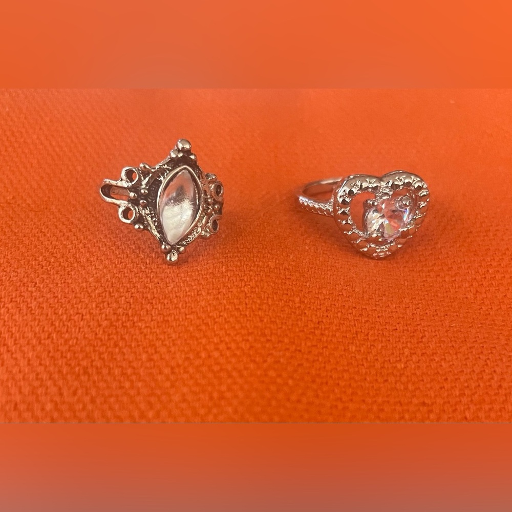 Elegant Silver Heart and Marquise Ring Set Sz 5 1/2 & 6